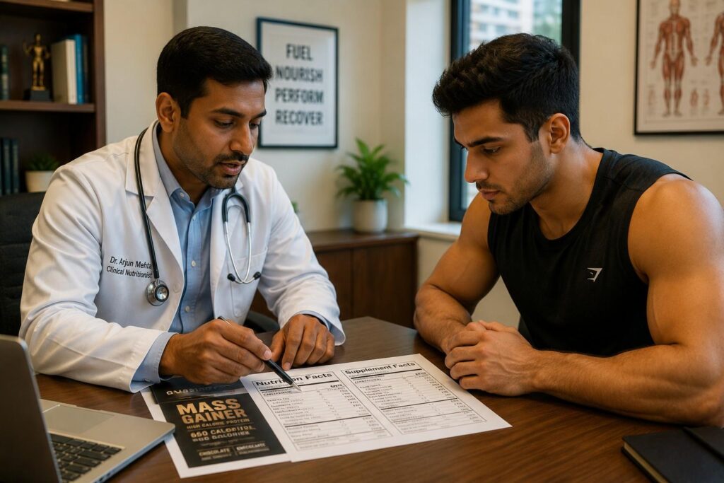 A doctor discussing mass gainer supplement safety with a gym-goer patient in a clinic setting, emphasizing the importance of medical consultation before using high-calorie supplements.