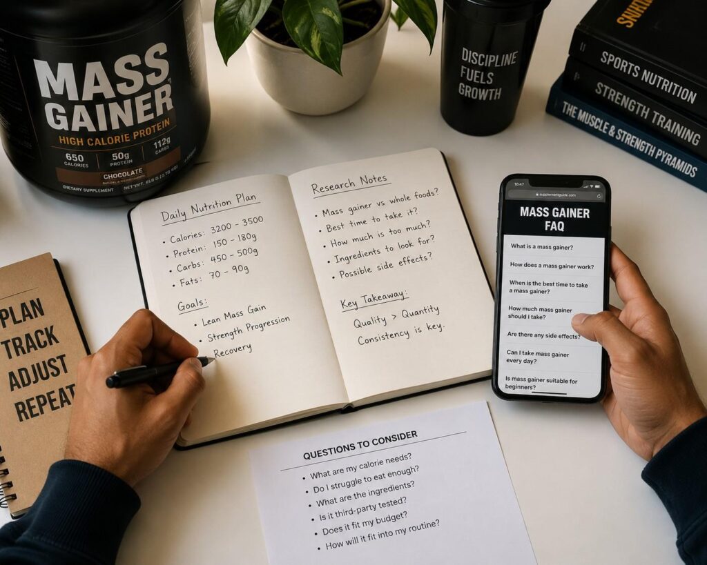A person researching mass gainer frequently asked questions on their phone while taking notes, representing informed supplementation decision-making.