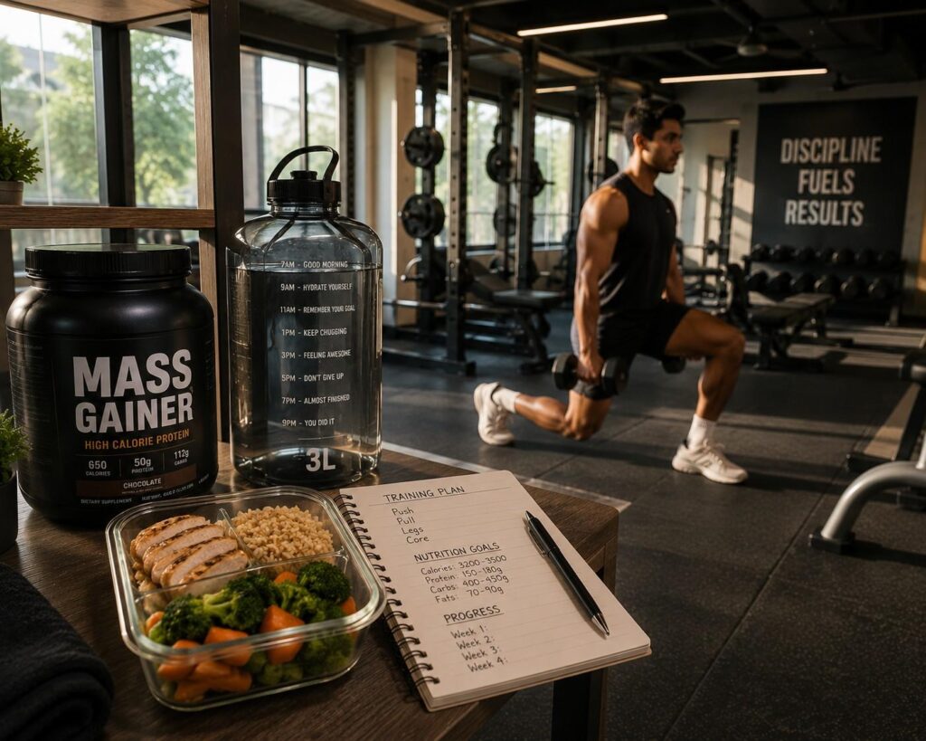 A balanced gym lifestyle scene showing a mass gainer supplement alongside whole food meal prep, a large water bottle, and a training notebook, representing responsible and effective supplementation.