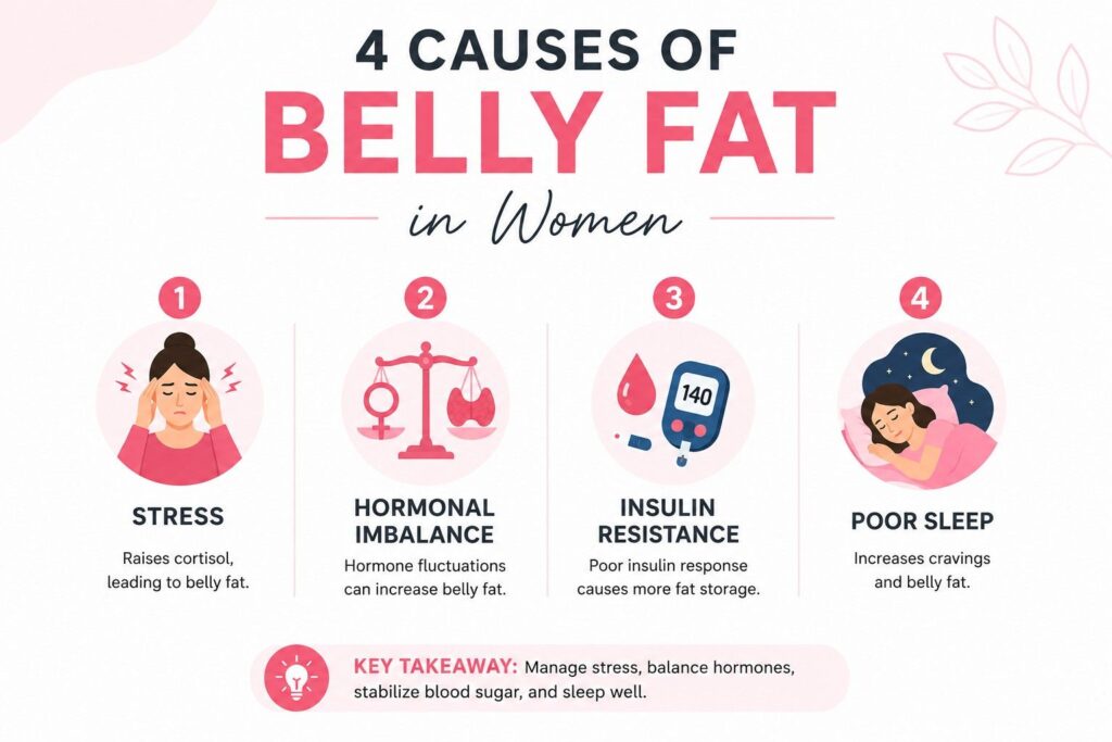 infographic showing 4 main causes of belly fat in women including cortisol and hormonal imbalance.