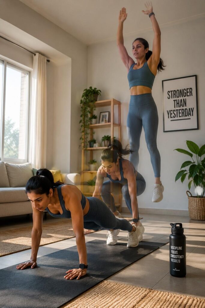 girl doing HIIT burpees at home for belly fat loss workout.
