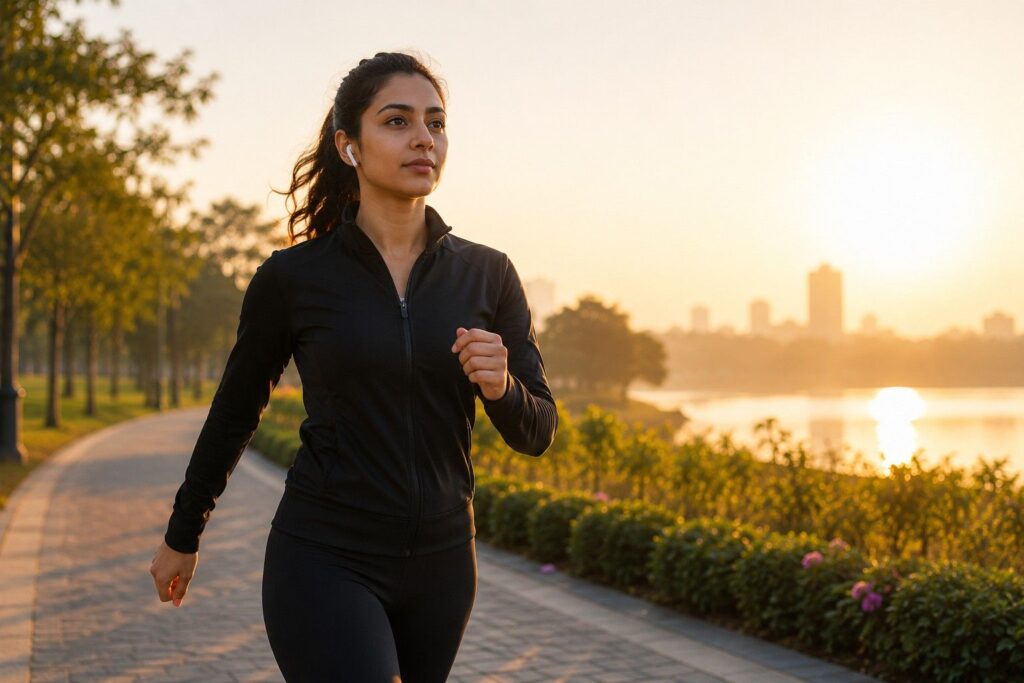 girl doing fasted morning walk for belly fat loss — belly fat loss workout for girls.