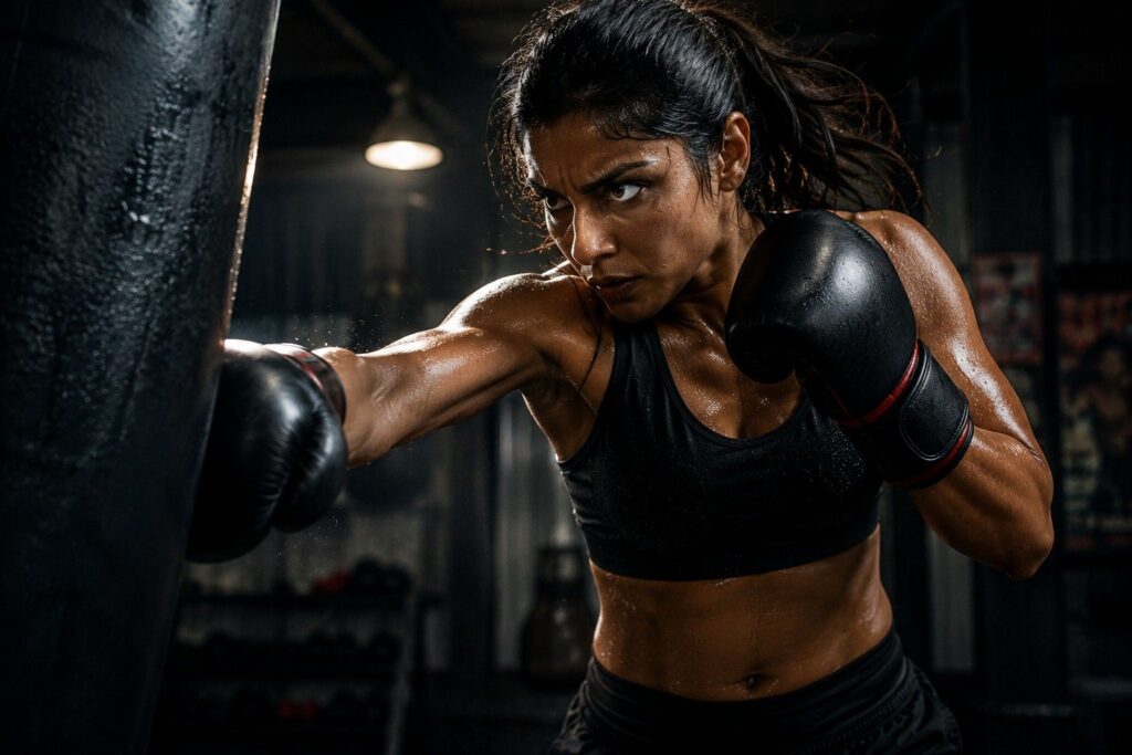 Indian girl doing kickboxing workout for belly fat loss and stress reduction.
