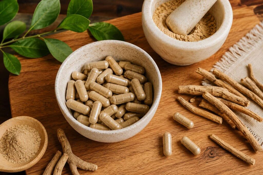 Ashwagandha KSM-66 supplement for cortisol reduction and belly fat loss in women.
