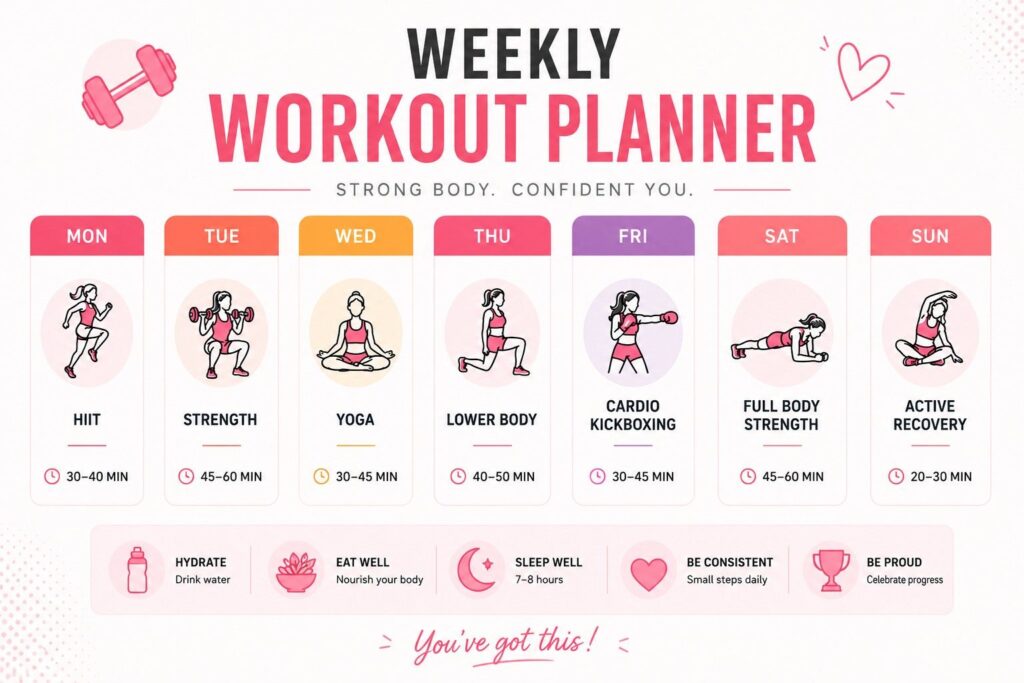 4-week belly fat loss workout plan for girls — weekly schedule infographic.