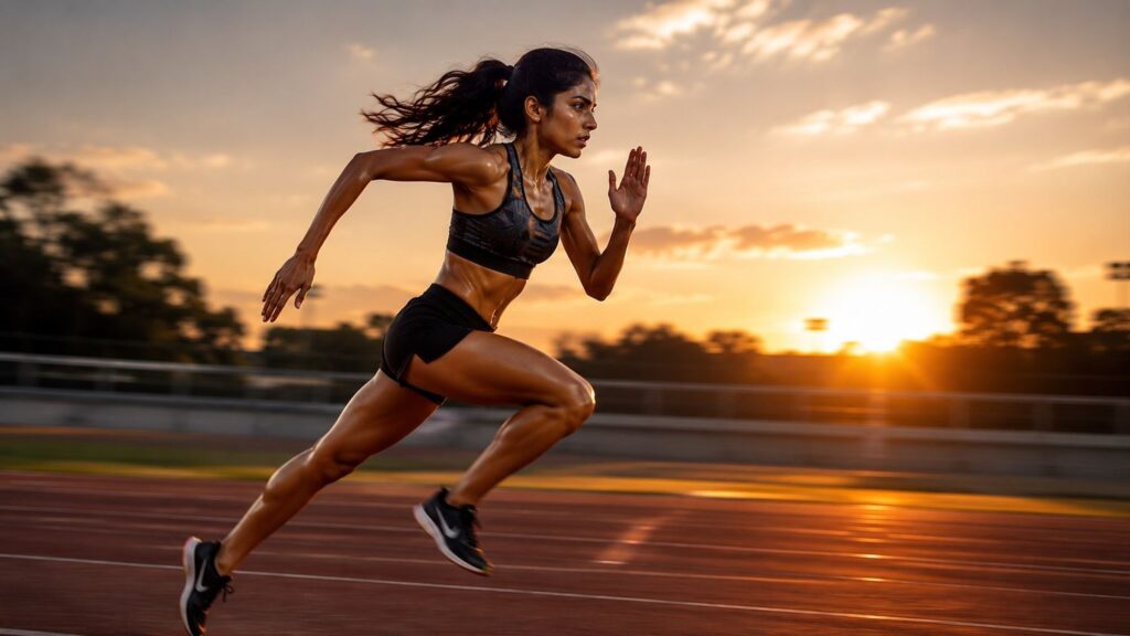 girl doing sprint interval training on track for maximum belly fat burning and hormonal boost.