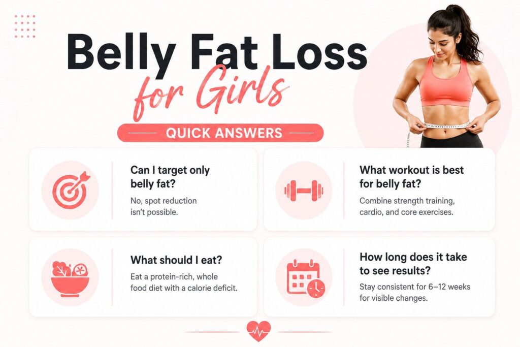 FAQ infographic — belly fat loss workout for girls answers on supplements workouts and weekly schedule.