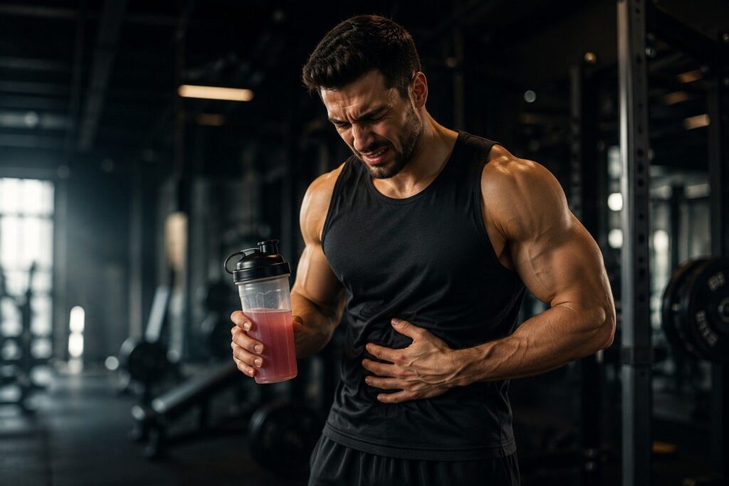 Man experiencing nausea from taking pre-workout on empty stomach.