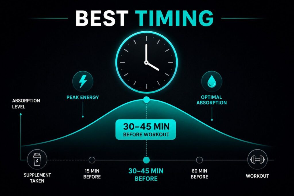 Pre-workout ingredient absorption timing on empty stomach vs with food.