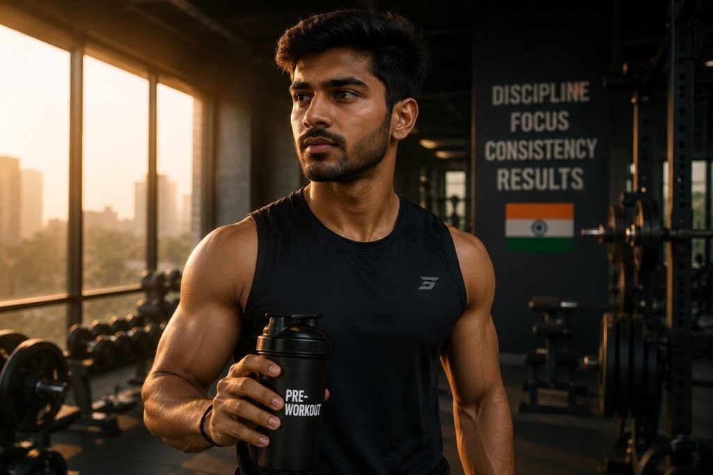 Indian gym athlete taking pre-workout supplement during intermittent fasting morning workout.