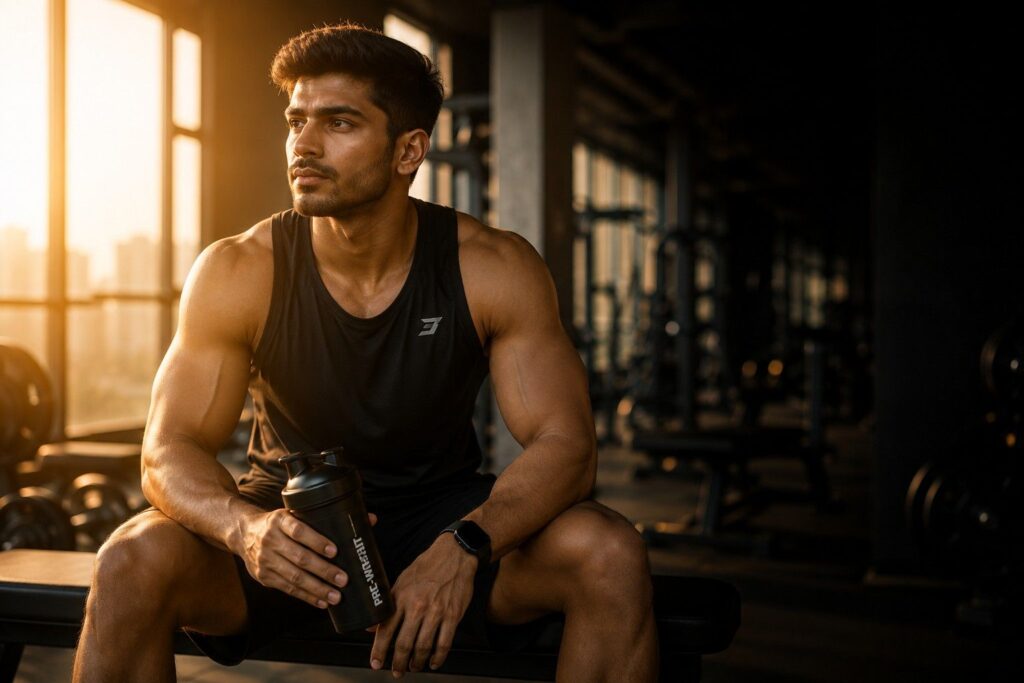 Athletic man sitting in a gym after workout holding a pre-workout shaker and reflecting in morning sunlight.