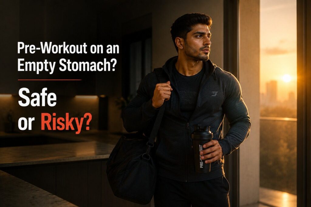 Athlete heading to an early morning workout with a pre-workout shaker and no breakfast, representing fasted training and supplement use.