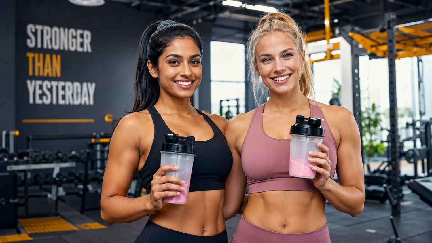 Pre workout for women – Indian and American women in gym holding shaker bottles.
