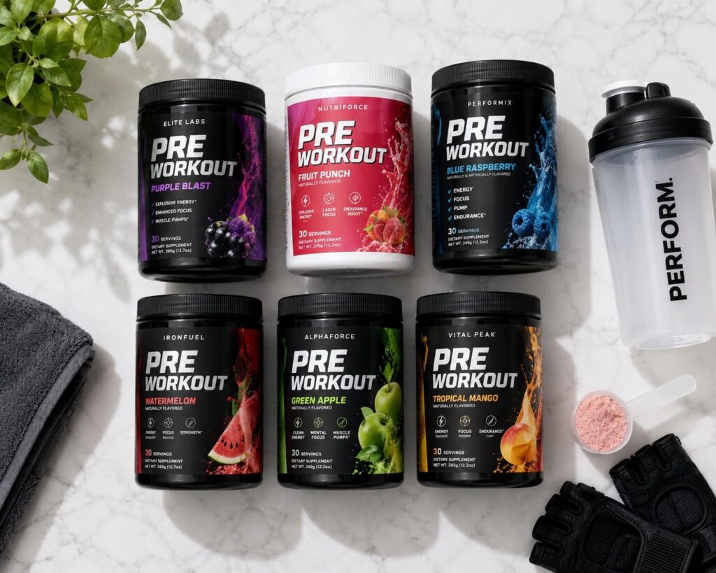 Pre workout supplements for women laid out on marble surface with shaker bottle and gym accessories.
