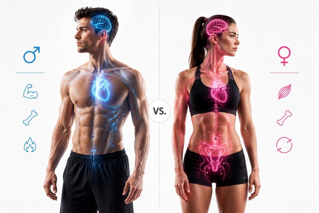 Infographic showing why women need different pre-workout formulas than men due to hormonal differences. 
