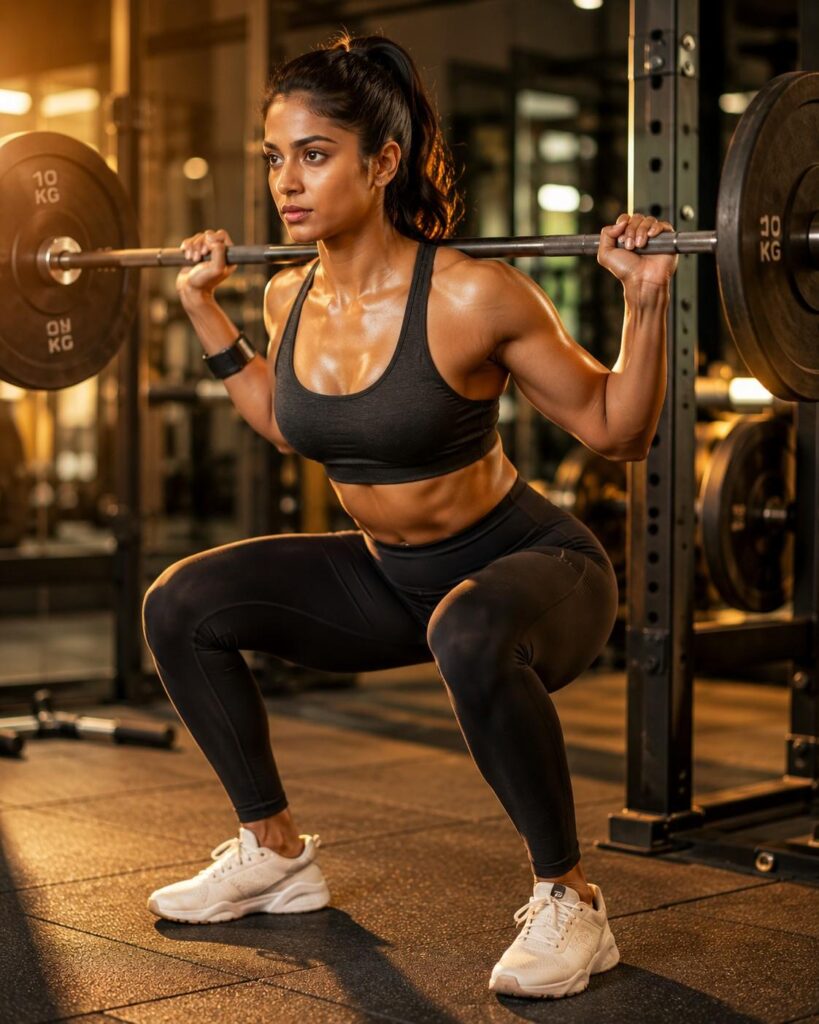 Woman in gym showing muscle pump benefits of L-Citrulline in 
pre-workout supplement.