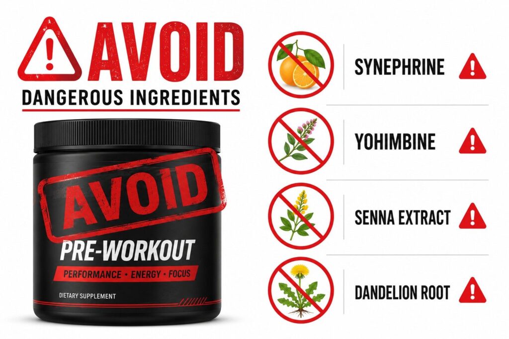 Warning infographic showing dangerous fat burner ingredients 
women should avoid in pre-workout – Synephrine Yohimbine 
and Senna Extract.