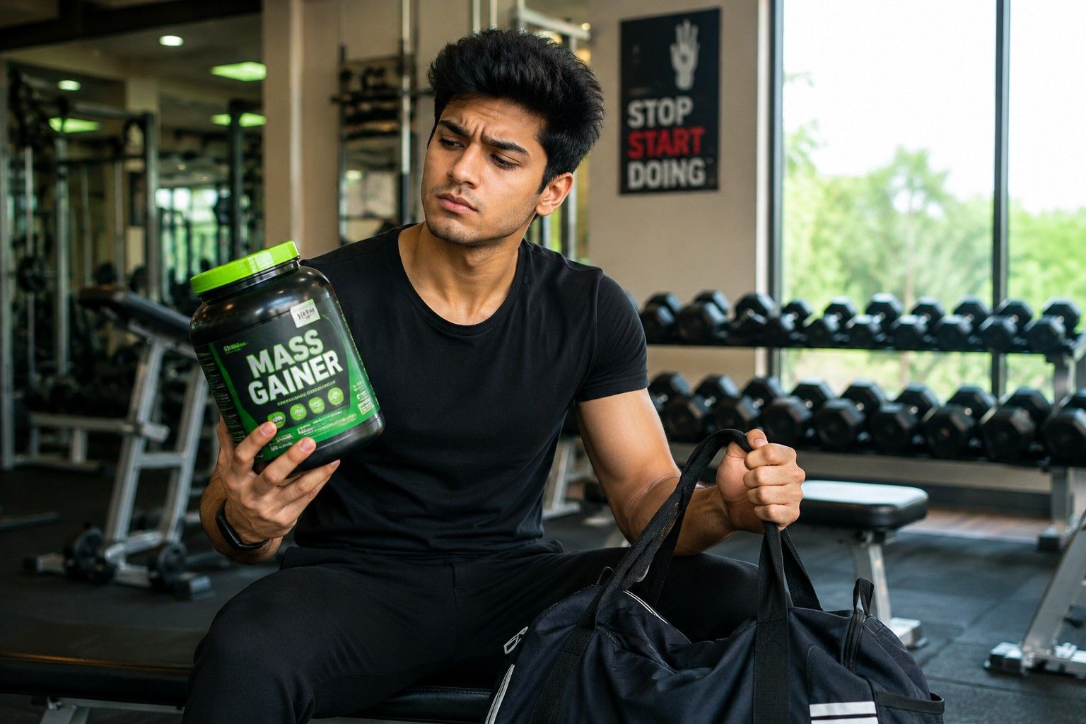 Young man wondering can I take mass gainer without workout sitting on gym bench