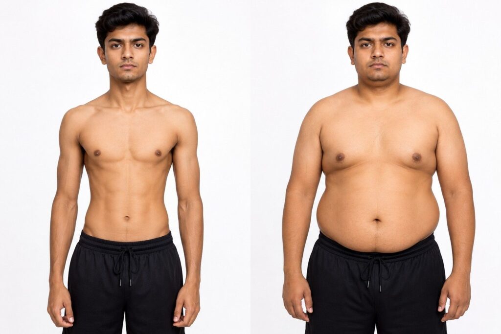 Body comparison showing fat gain from taking mass gainer without exercise.