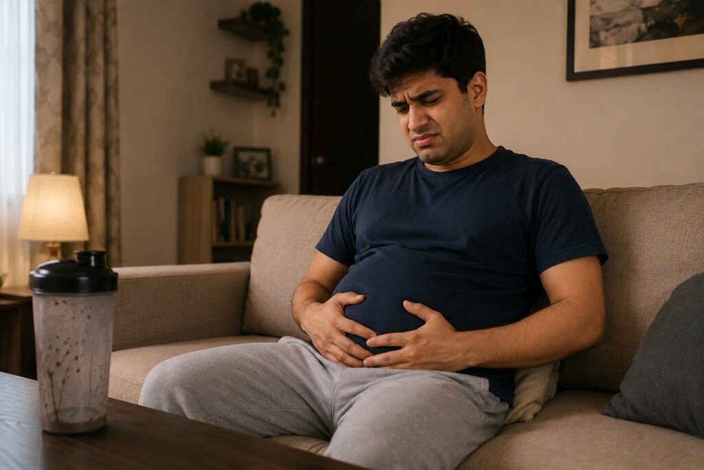 Young man experiencing bloating and digestive discomfort after taking mass gainer without workout.