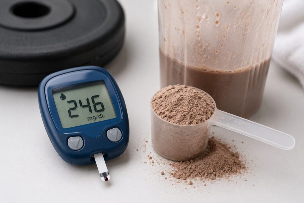 Glucose meter showing high blood sugar reading next to mass gainer supplement warning about blood sugar spike.
