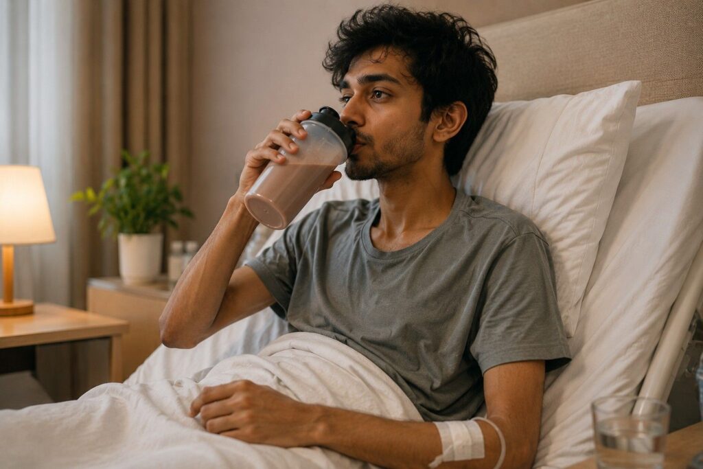 Underweight person recovering from illness drinking mass gainer shake as a valid use case without workout.