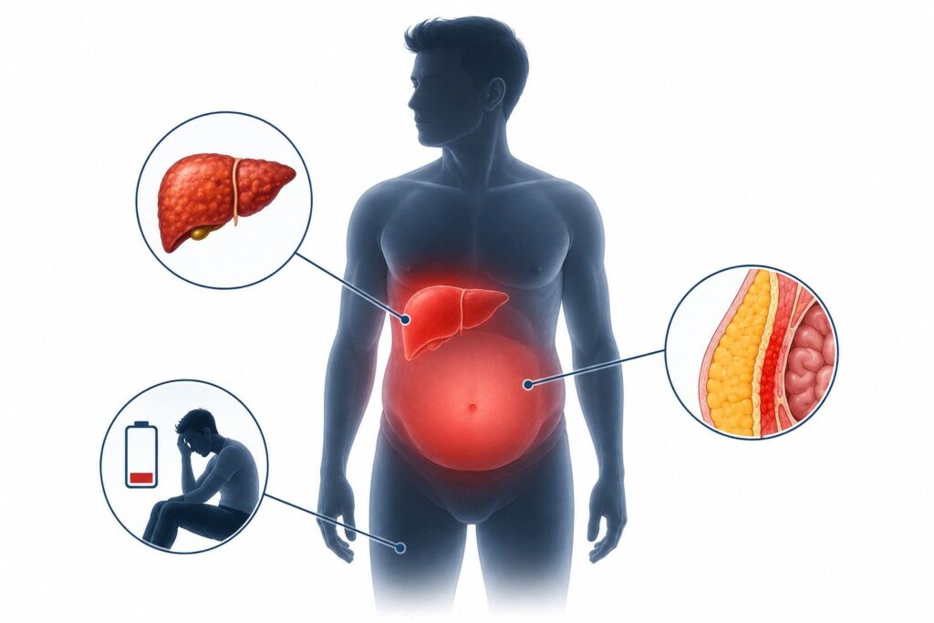 Body silhouette showing long term side effects of taking mass gainer without exercise including belly fat and liver stress.