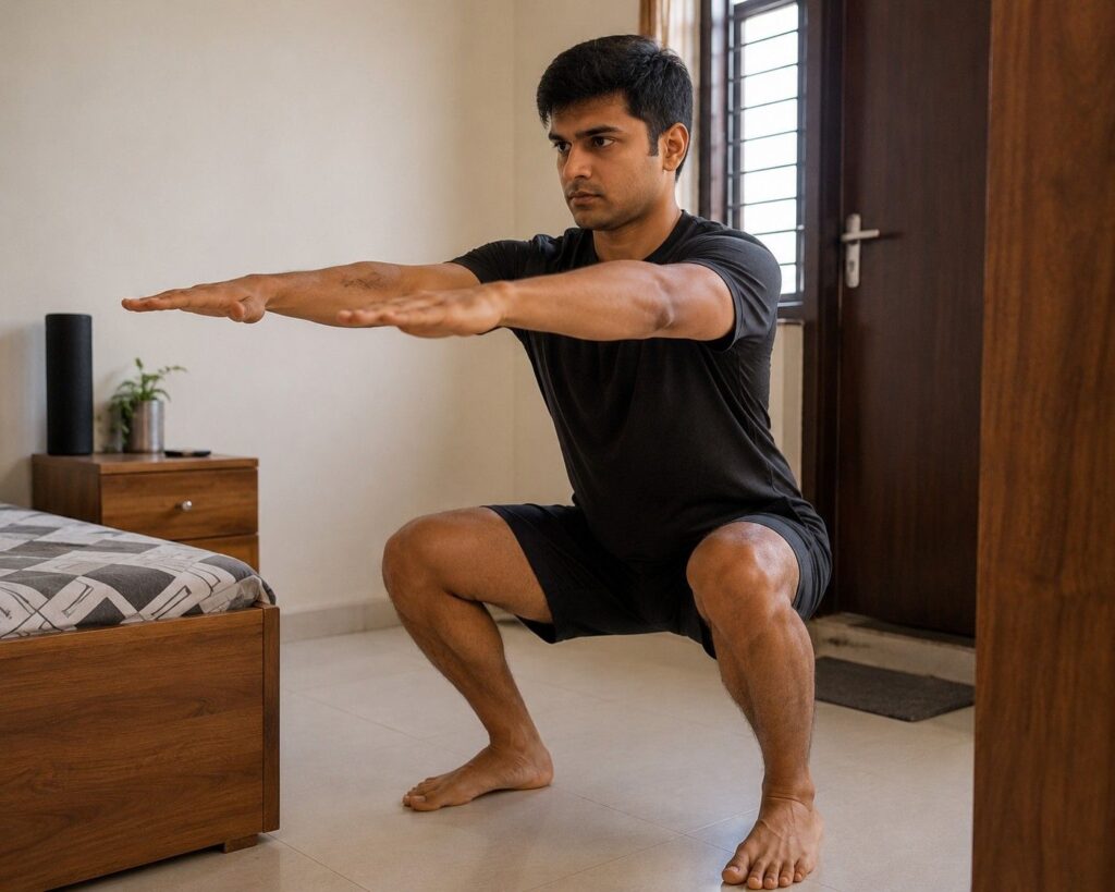 Young man doing home bodyweight squats showing minimal exercise is enough when taking mass gainer.