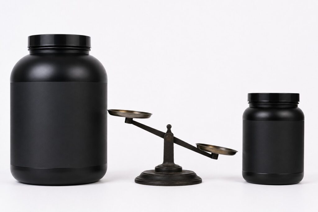 Mass gainer tub versus whey protein tub comparison for people who are not working out.