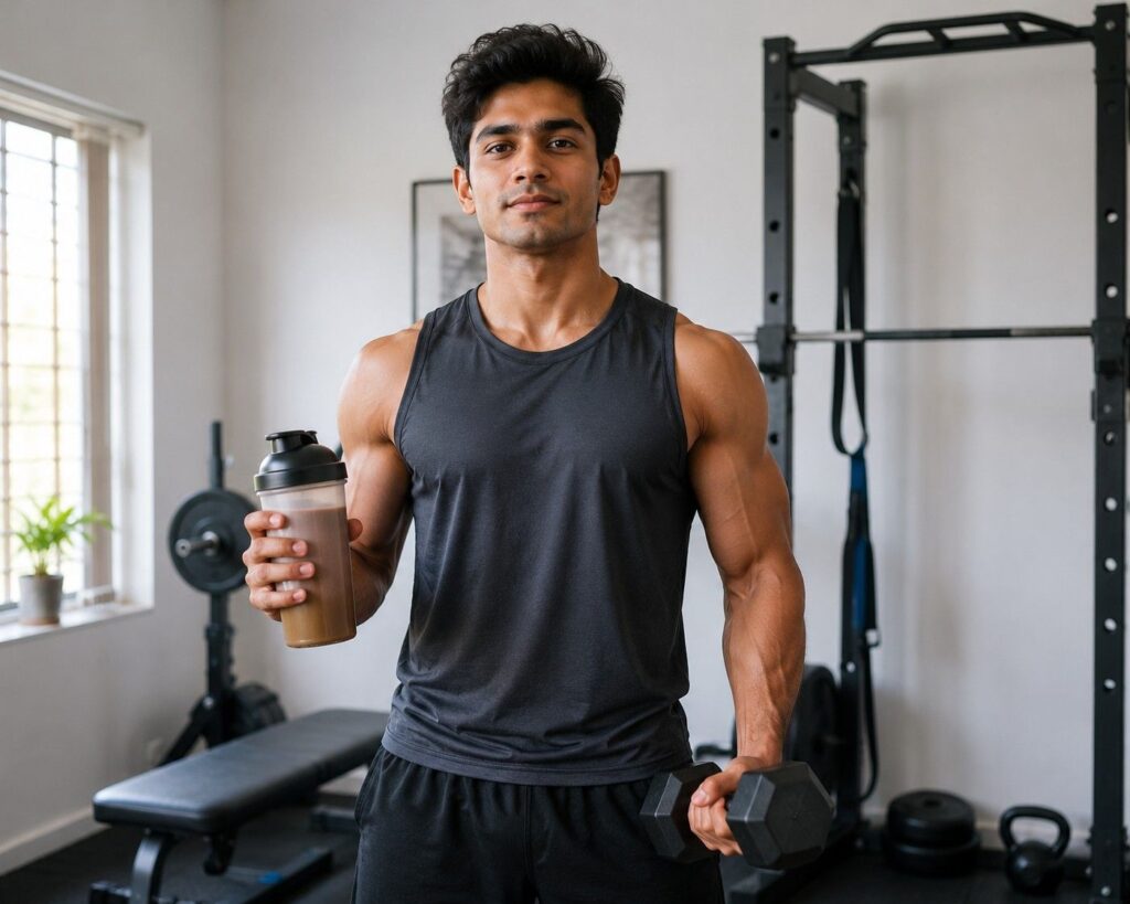 Confident young man holding mass gainer shake and dumbbell ready to start workout journey.