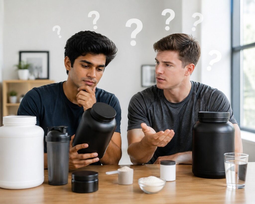 Two people discussing common questions about mass gainer supplements representing FAQ section.