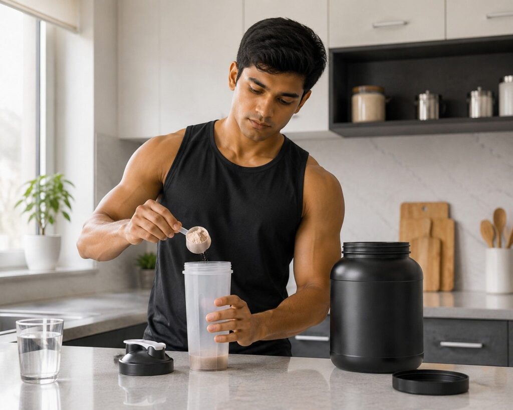 Young man carefully measuring half scoop of mass gainer powder in kitchen showing responsible supplement use without full training.