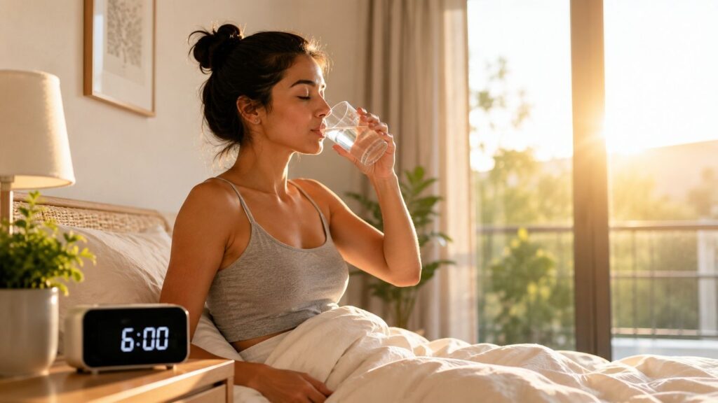 Person waking up at 6 AM and drinking water as part of a morning fat loss routine.