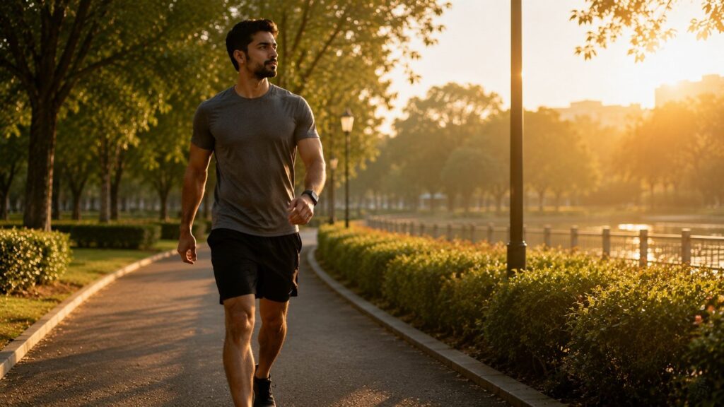 Fit person doing a fasted morning walk at sunrise for fat loss cardio.