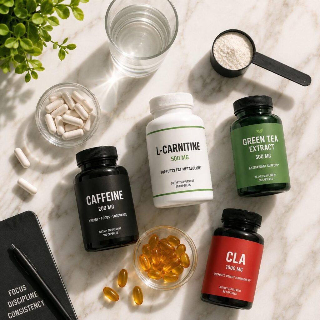 Morning fat loss supplement stack including caffeine, L-Carnitine, green tea extract and CLA on white marble surface.