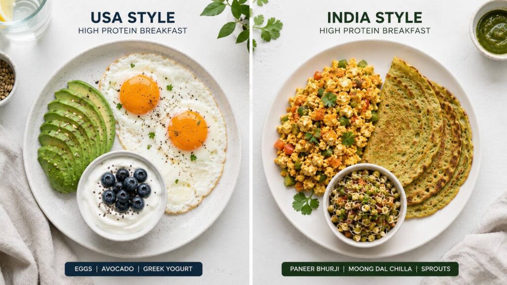 High protein breakfast options for fat loss showing USA style eggs and avocado alongside Indian style paneer bhurji and moong dal chilla.