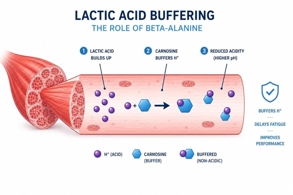 Beta-Alanine mechanism in women's pre-workout – lactic acid 
buffering infographic.