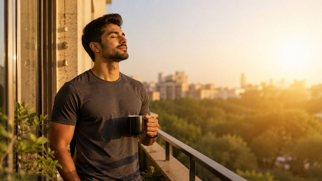 Person absorbing morning sunlight on balcony with black coffee as part of a fat loss morning routine.