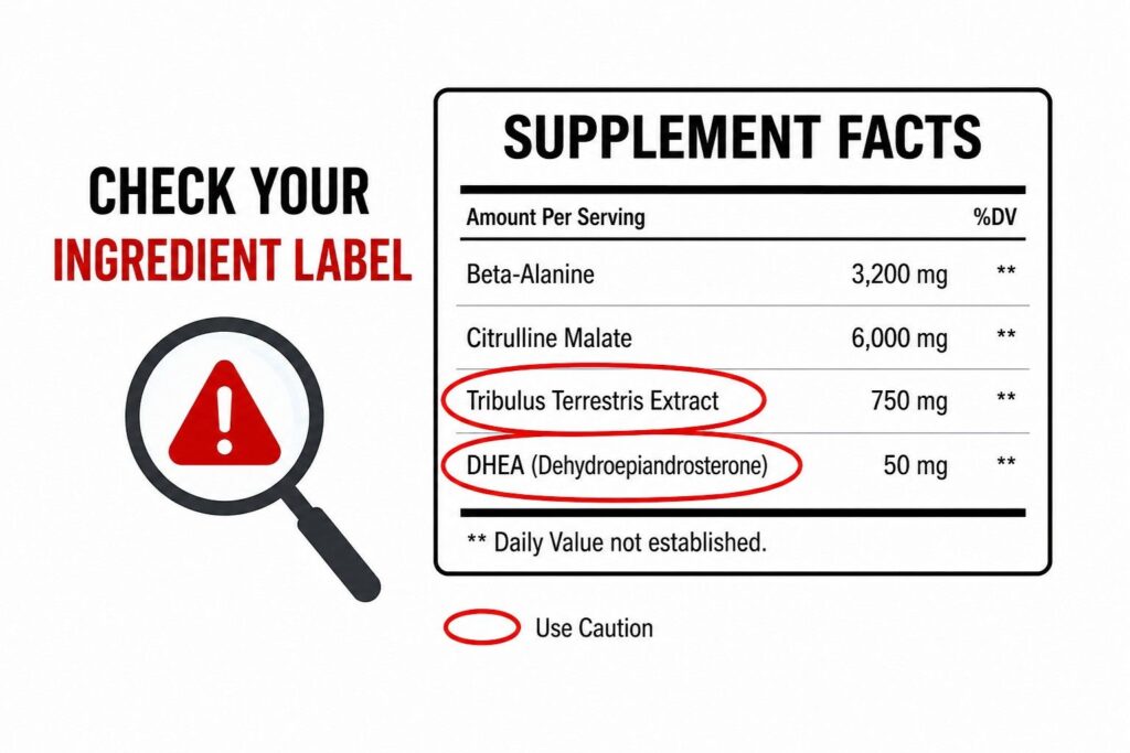 Warning label infographic showing harmful testosterone-boosting 
ingredients women should avoid in pre-workout.