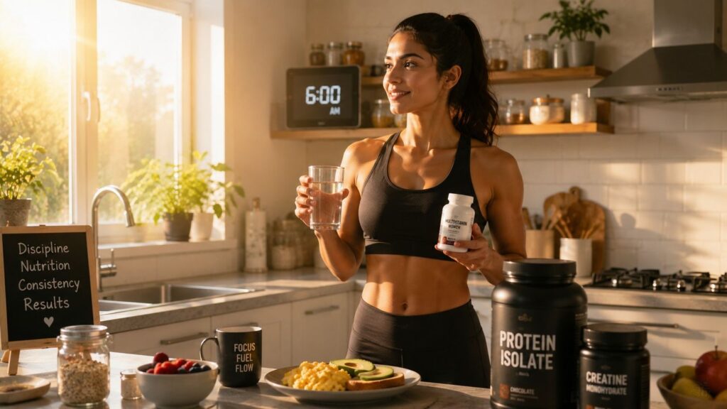 Fit woman starting her morning fat loss routine in a bright kitchen with supplements and healthy breakfast.