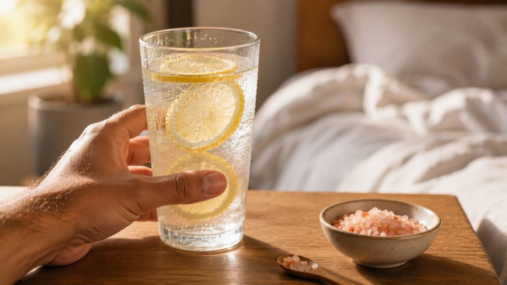 Person holding a glass of cold water with lemon and Himalayan pink salt first thing in the morning to boost metabolism for fat loss.