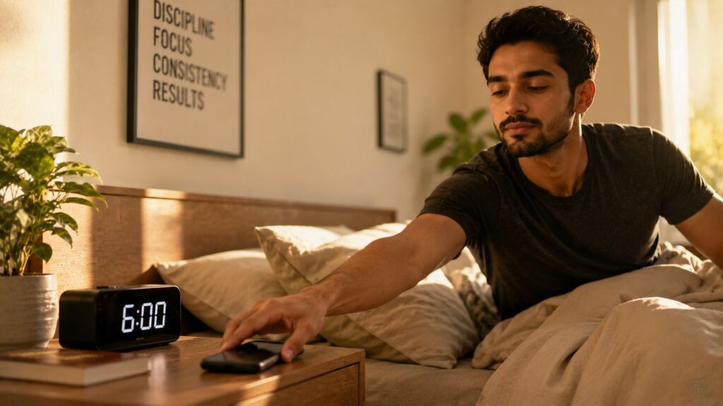 Person placing phone face down in the morning to avoid cortisol spike and protect fat loss morning routine.