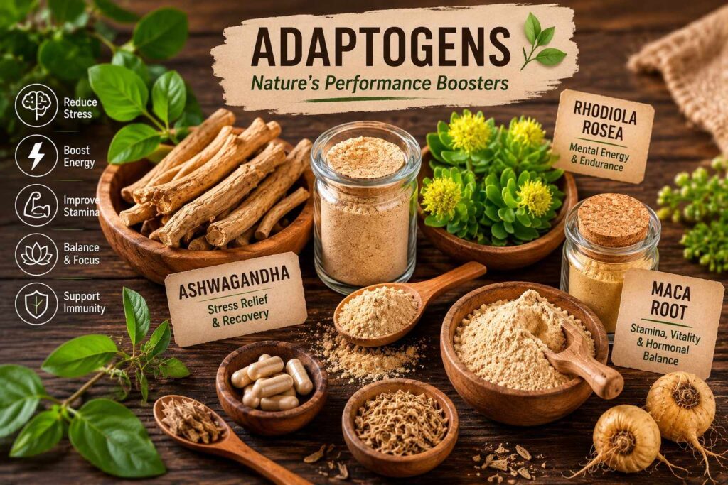 Adaptogenic herbs in women's pre-workout – ashwagandha, rhodiola 
rosea, and maca root for hormonal balance and energy.