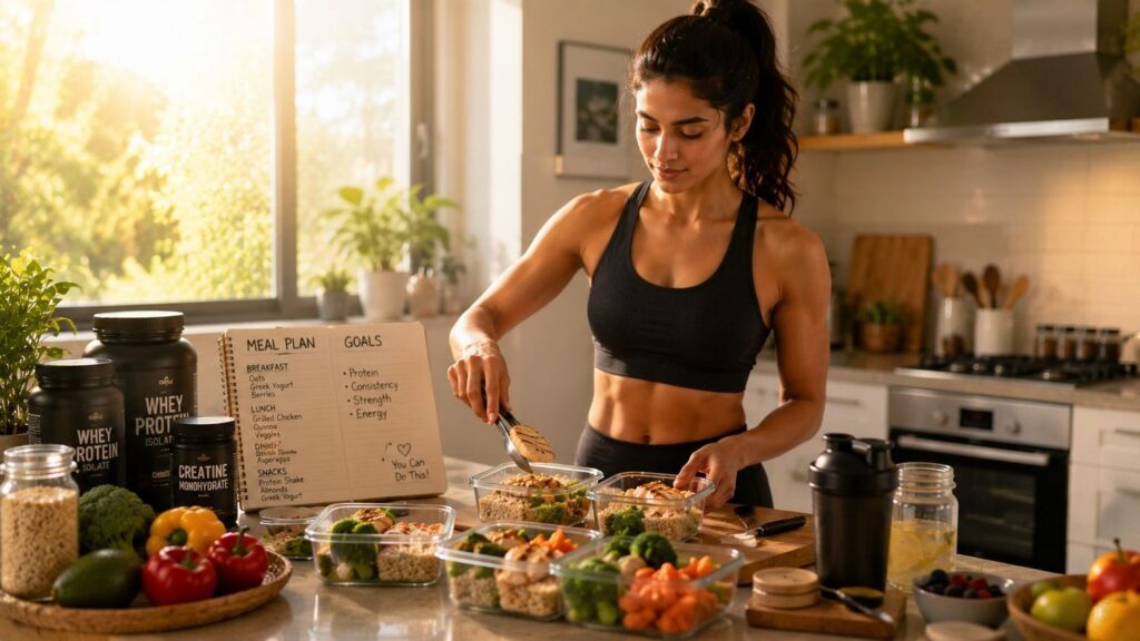 Person meal prepping and planning daily nutrition in the morning kitchen to support fat loss goals.