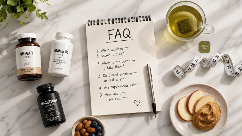 FAQ flat lay with supplement bottles, green tea and notepad covering common morning fat loss habit questions.