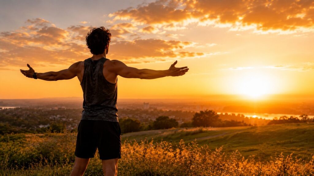 Fit person standing confidently at sunrise after completing morning fat loss routine feeling motivated and empowered.