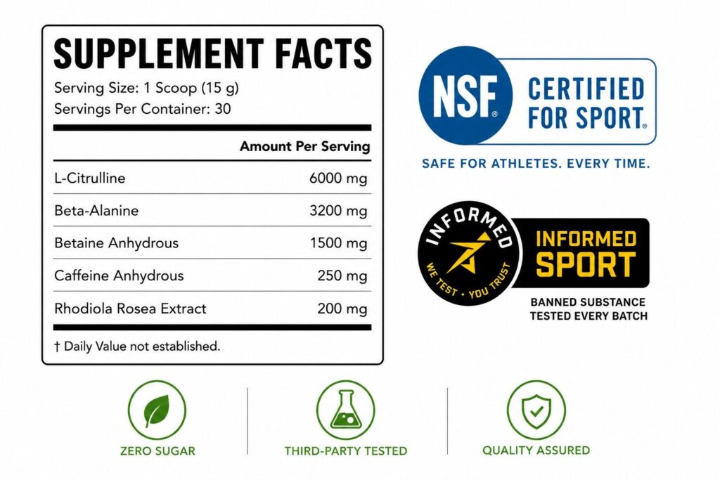 Transparent supplement label with exact ingredient doses and 
third-party certification badges for women's pre-workout.