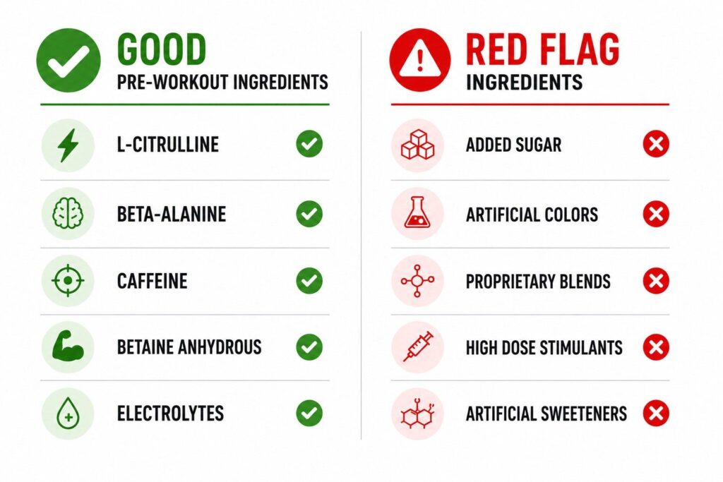 Infographic comparing good vs bad pre-workout ingredients for 
women – what to look for and what to avoid.