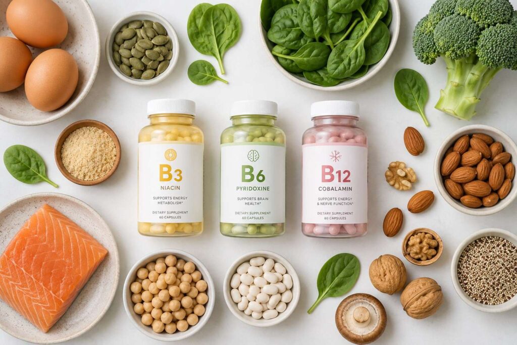 B-Vitamins B3 B6 and B12 in women's pre-workout supplement 
for energy metabolism support.