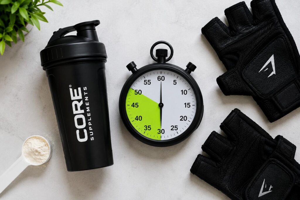Flat lay of pre-workout shaker and stopwatch showing the ideal 30-minute pre-workout timing window.